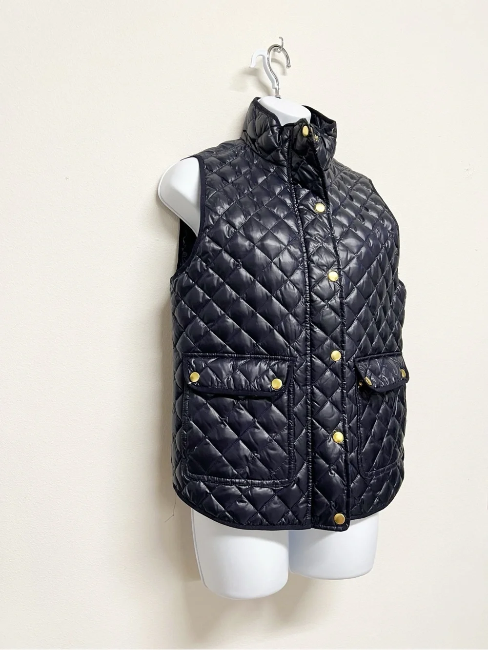 J Crew Womens Classic Navy Diamond Quilted Gold Button Up Puffer Vest Size S